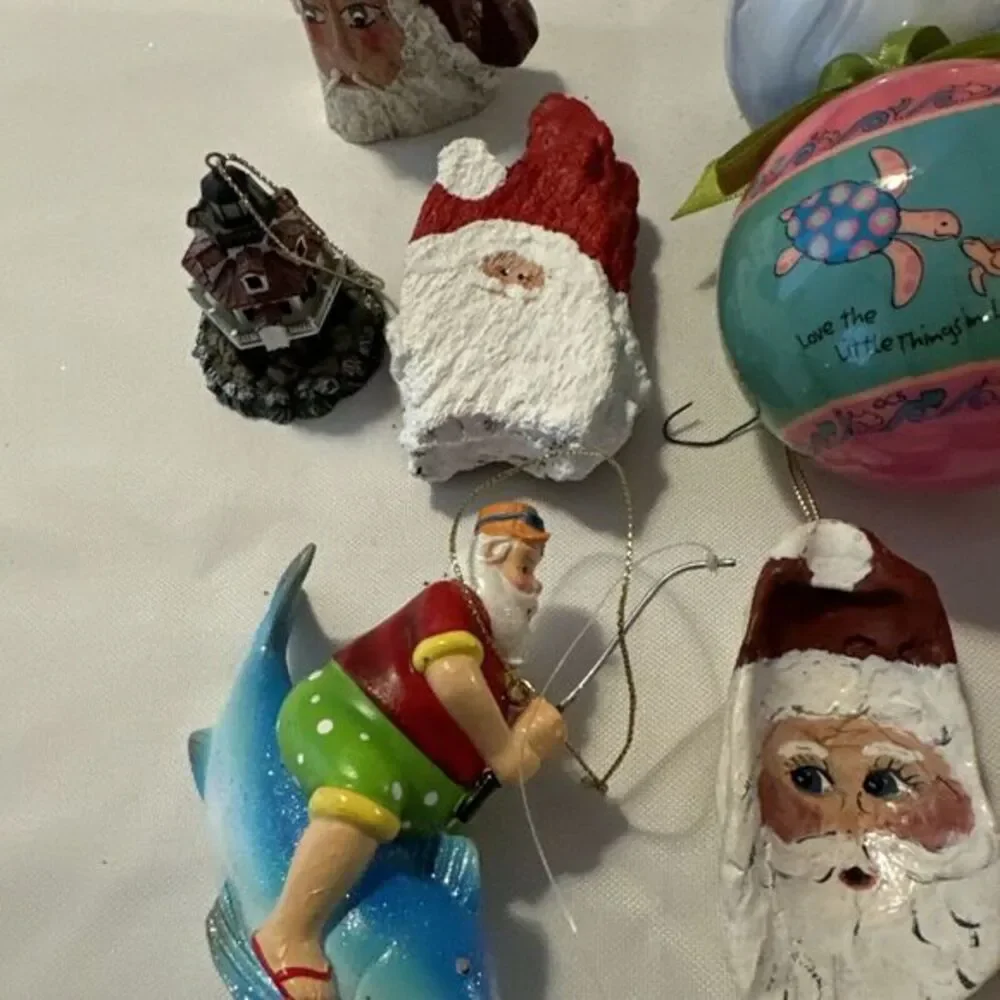 Nautical Christmas Ornaments Lot of 13 fish turtle dolphin Santa driftwood shell